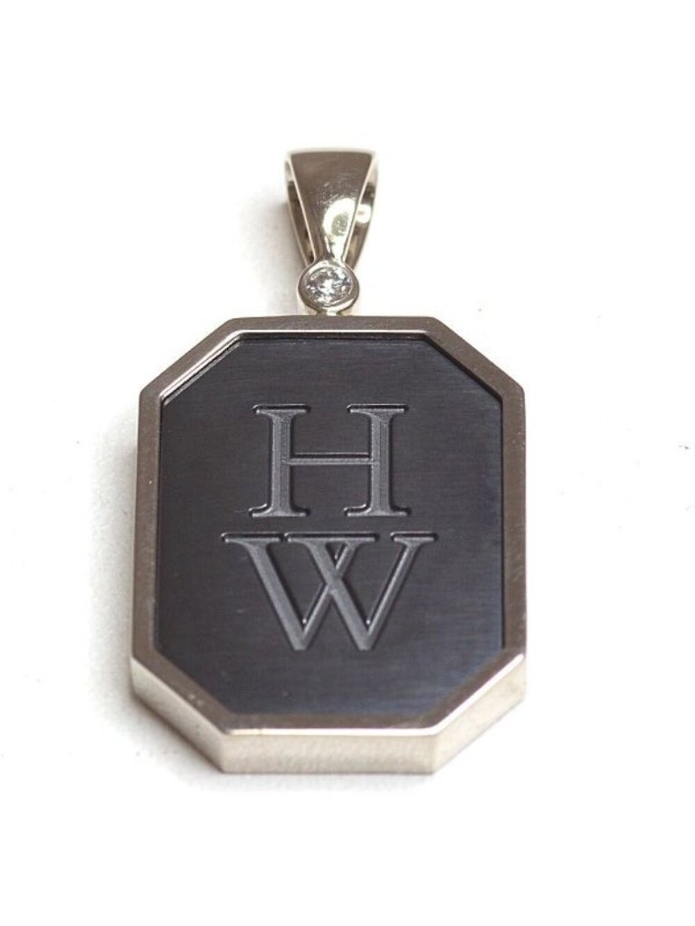 Harry Winston HW Logo Charm 18k White Gold Zalium Diamond Pendant Black